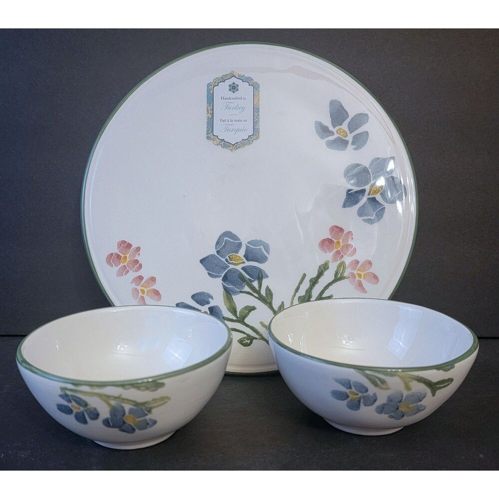 Papart Seramilk Handcrafted/Painted Turkey Plate/Tray & Bowls Blue/Green Floral
